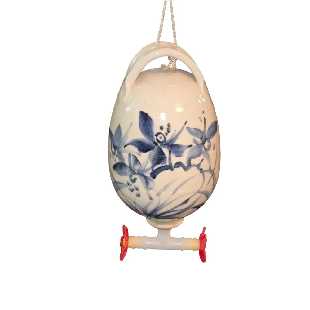 Handmade Hummingbird Feeder Blue Cream Floral Pottery Hanging Decor 8